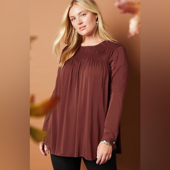 J. Jill satin smocked A-line top in clove - Picture 1 of 4